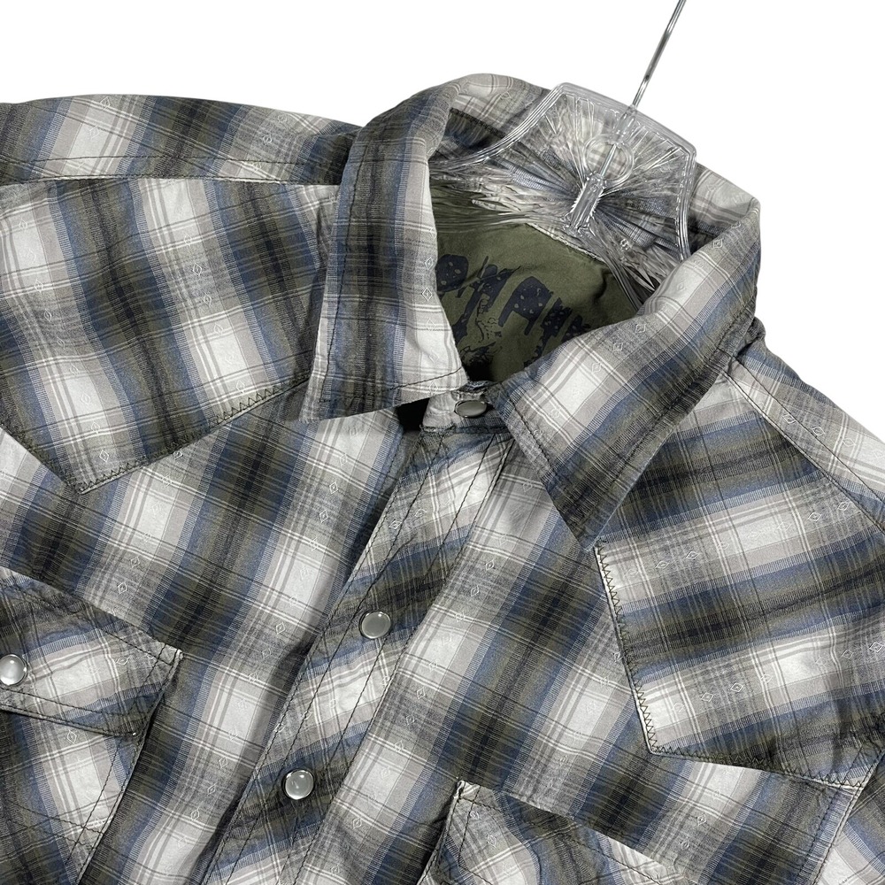 Gotcha‎ Western Shirt Mens Small Blue Grey Plaid Pearl Snap Long Sleeve Cowboy